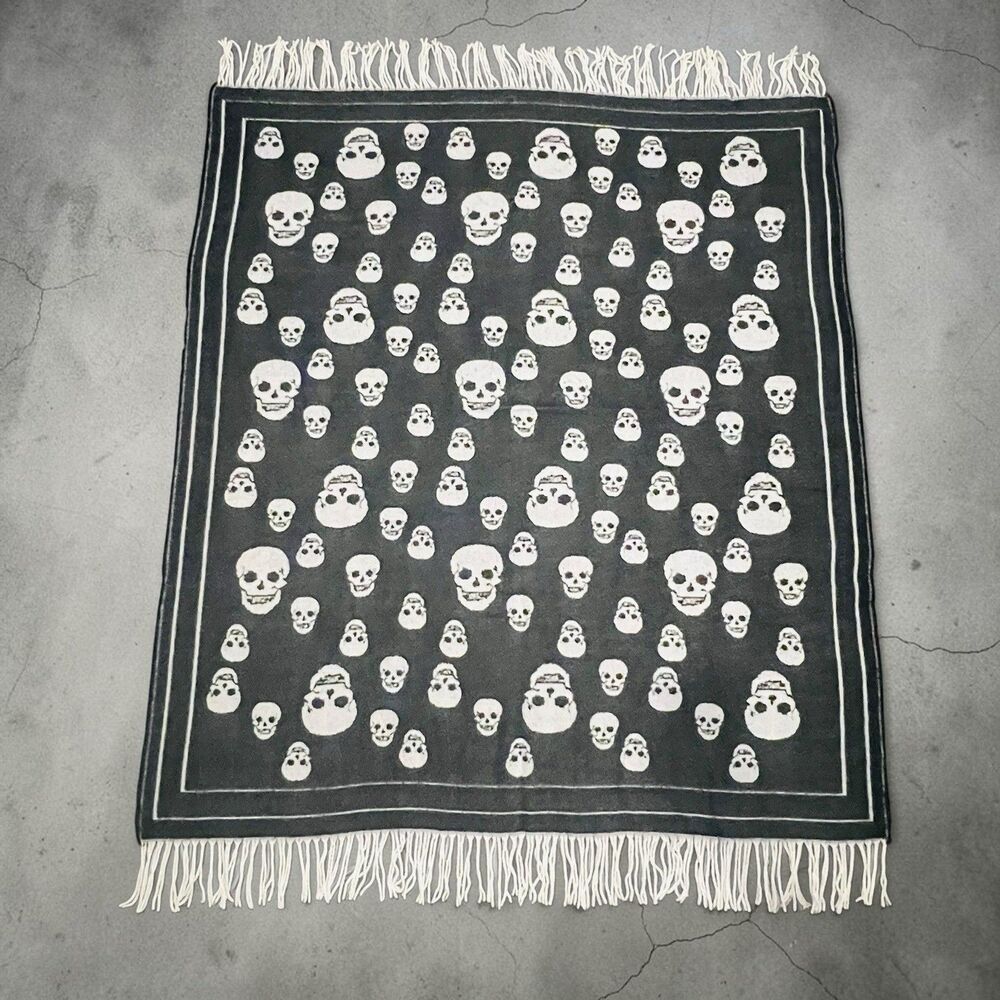 Magaschoni Halloween Throw Blanket Black White Skull Print Fringed 50" x 60"